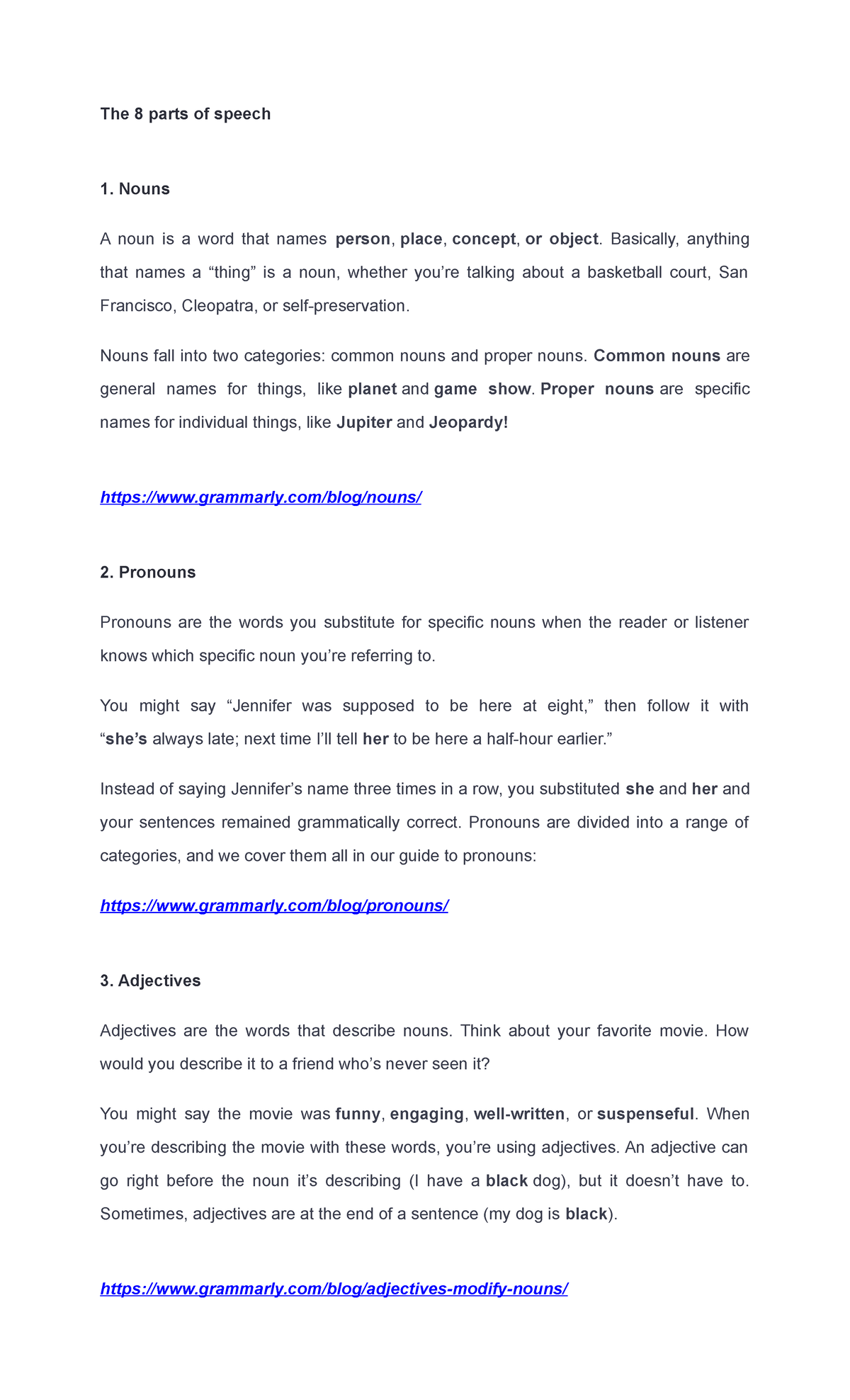 The 8 Parts of Speech - TLE INFO - The 8 parts of speech Nouns A noun ...