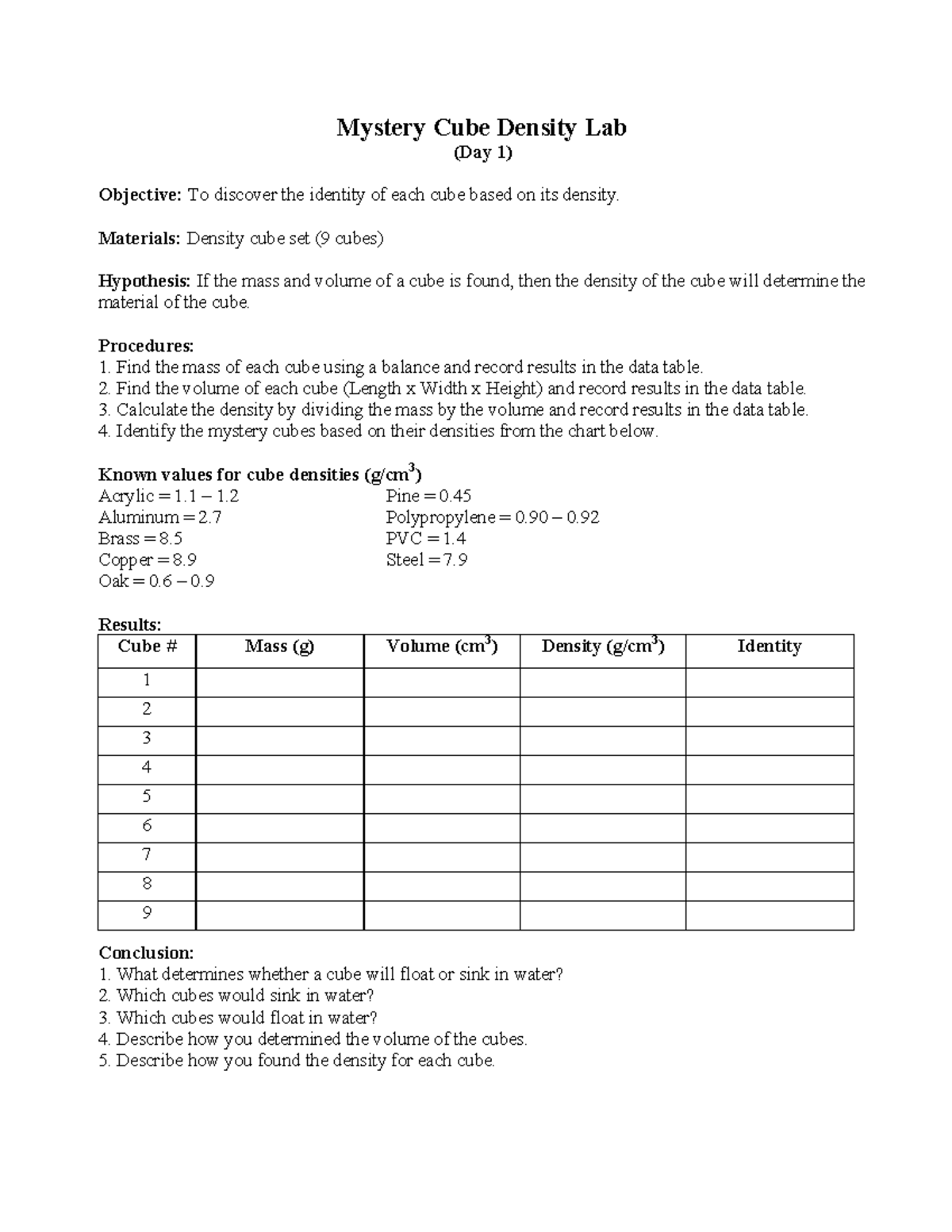 Cube lab useful Mystery Cube Density Lab (Day 1) Objective To