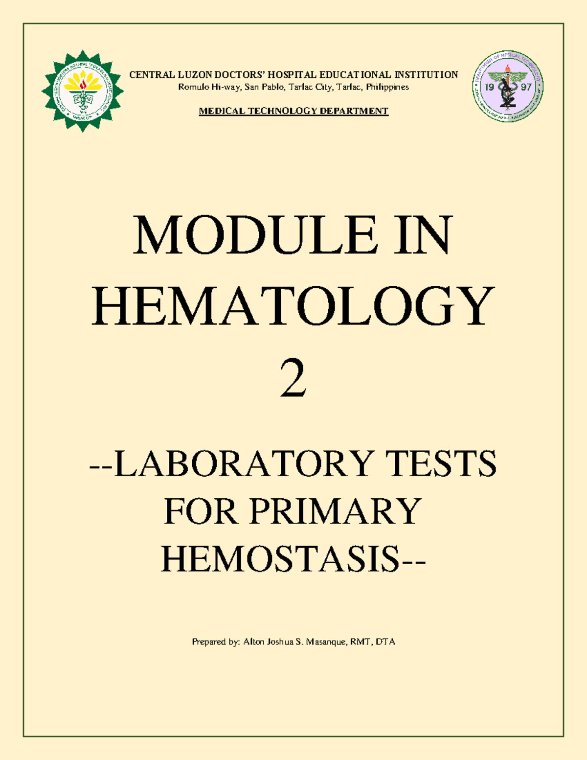 Laboratory Tests FOR Primary Hemostasis - Science Tecnhonology ...