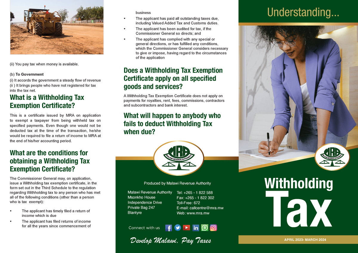 Withholding Tax Brochure 2023 2024 Develop Malawi Pay Taxes Malawi Revenue Authority Msonkho 