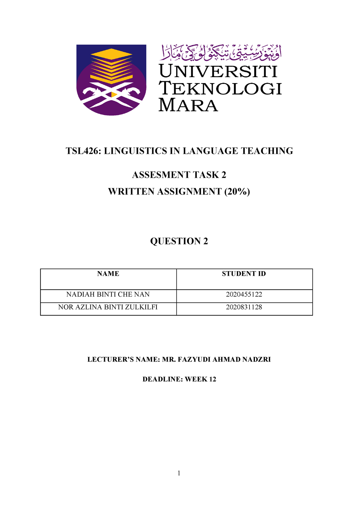 TSL426 Assessment -ED2411A PAIR WORK - TSL426: LINGUISTICS IN 