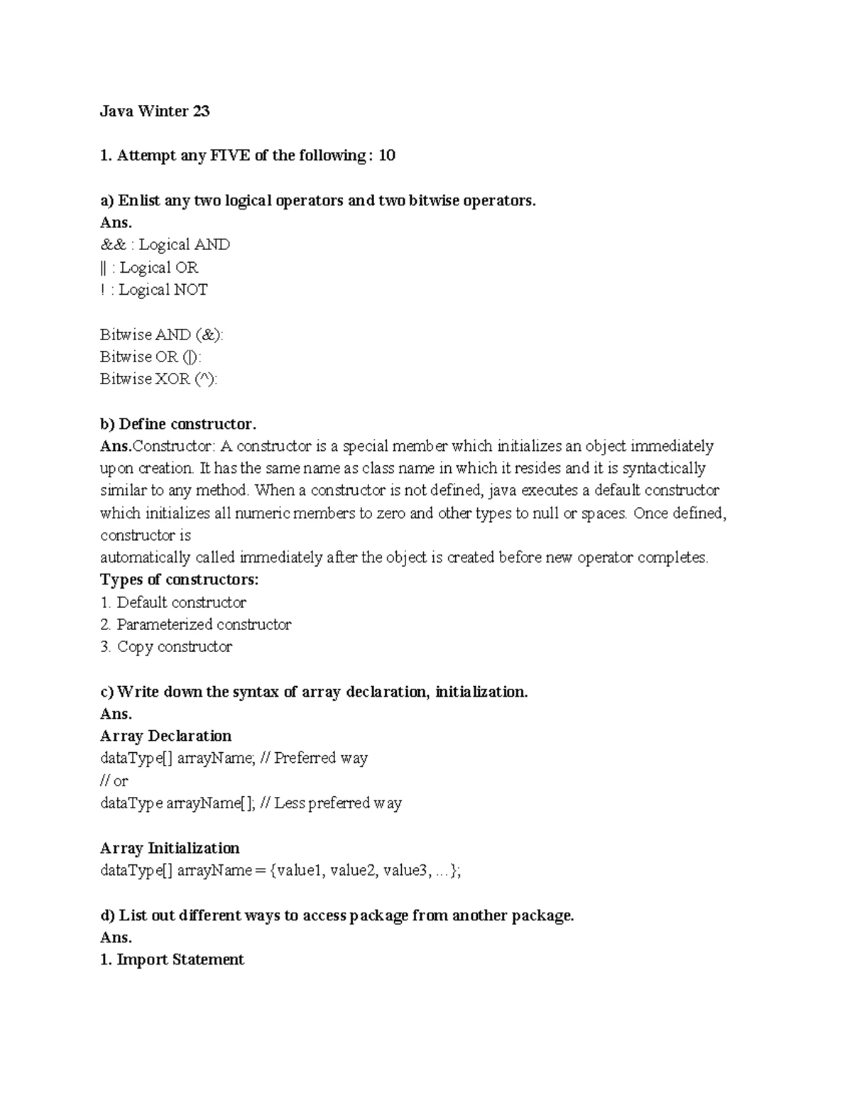 Java Summer 23 - MODEL ANS PAPER - Java Summer 23 1. Attempt any FIVE ...