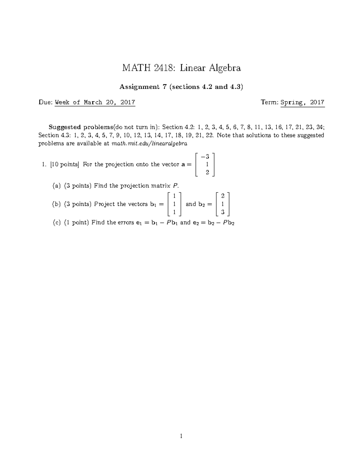 Assignment 7 (Lin Algebra) - MATH 2418: Linear Algebra Assignment 7 ...