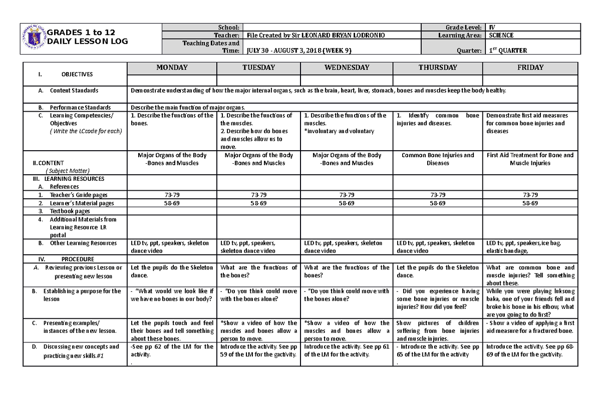 DLL Science 4 Q1 W9 - DLLL - GRADES 1 to 12 DAILY LESSON LOG School ...