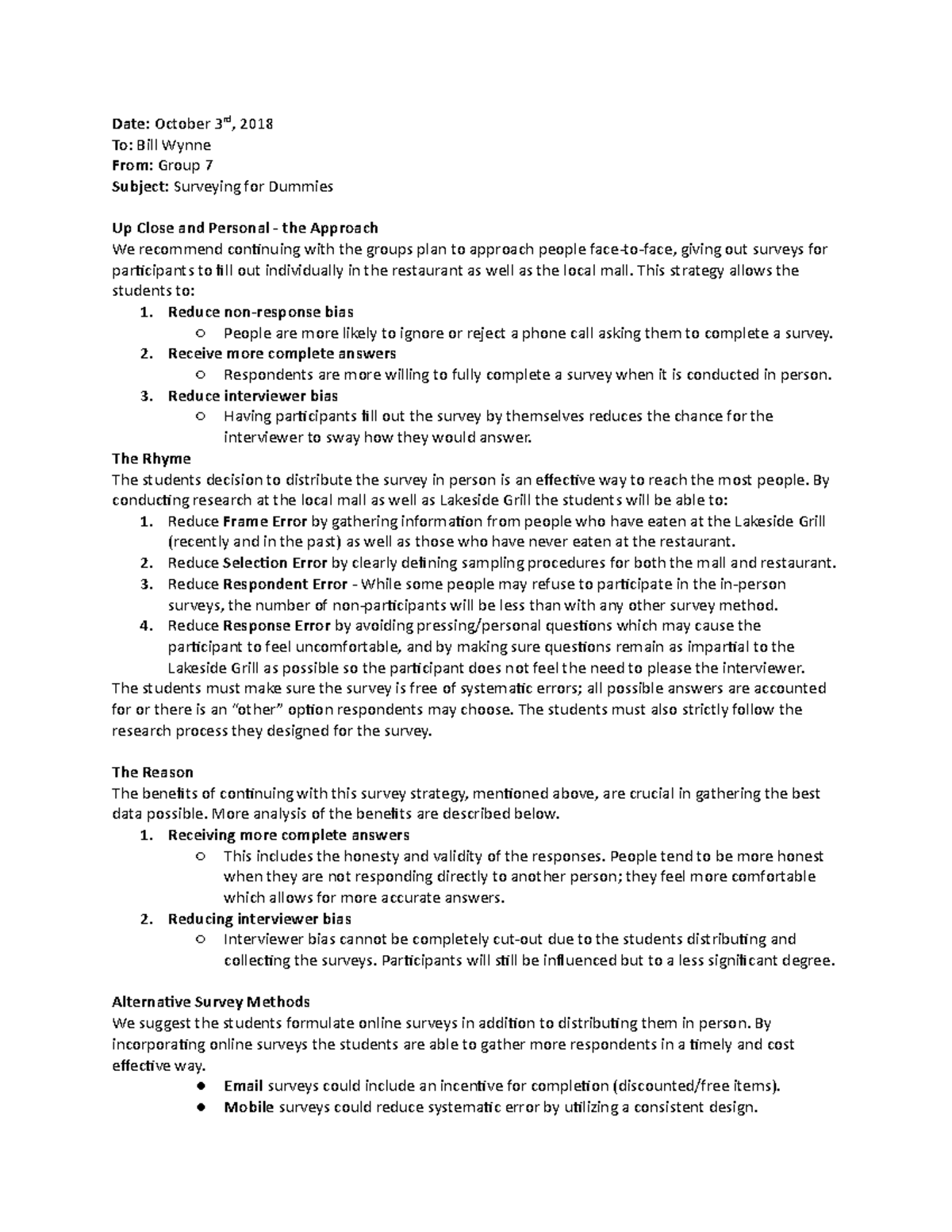 #6 - Weekly Assigned Case Memo - Date: October 3rd, 2018 To: Bill Wynne ...