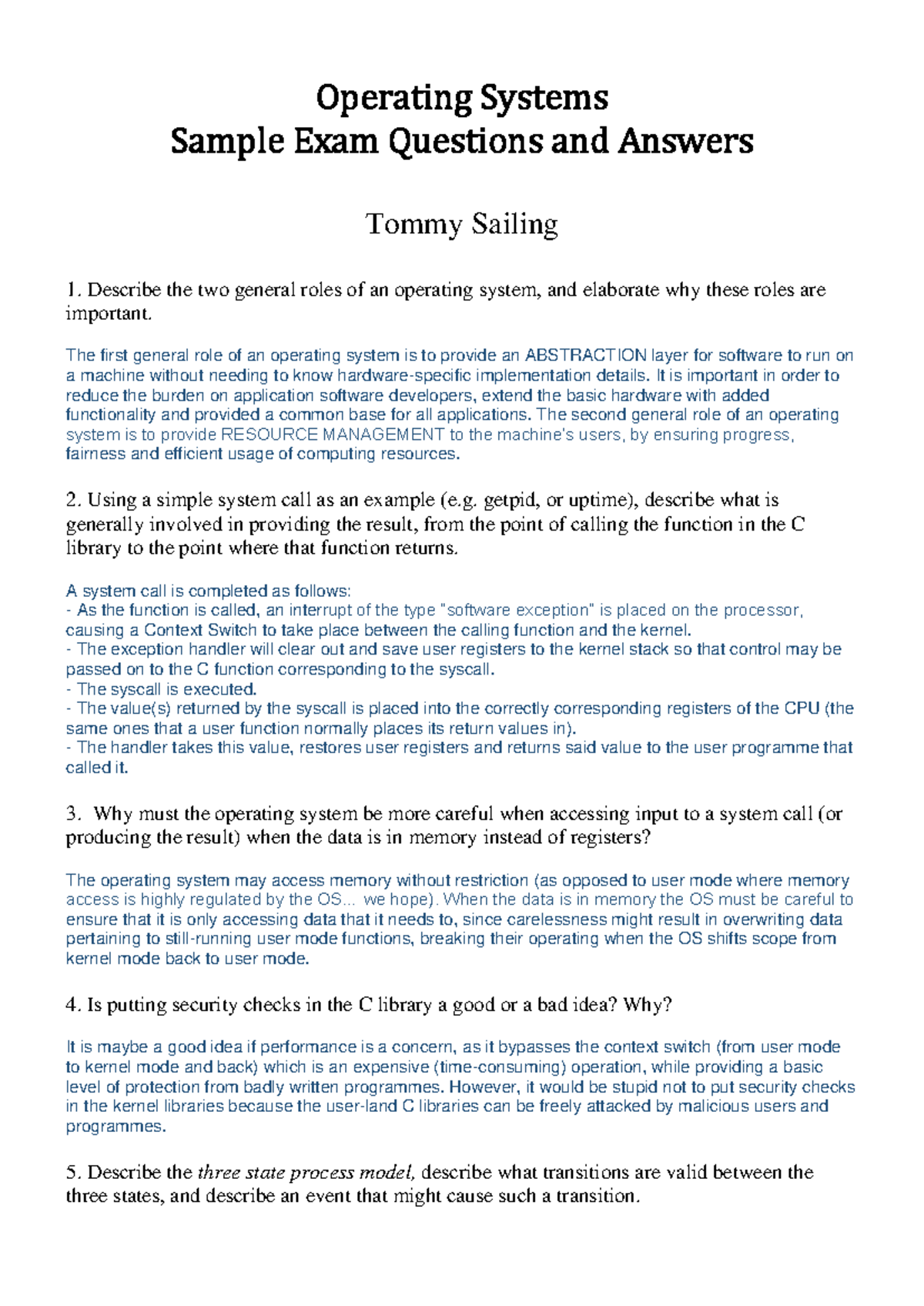 COMP3231 80Questions - Revision questions - Operating Systems Sample ...