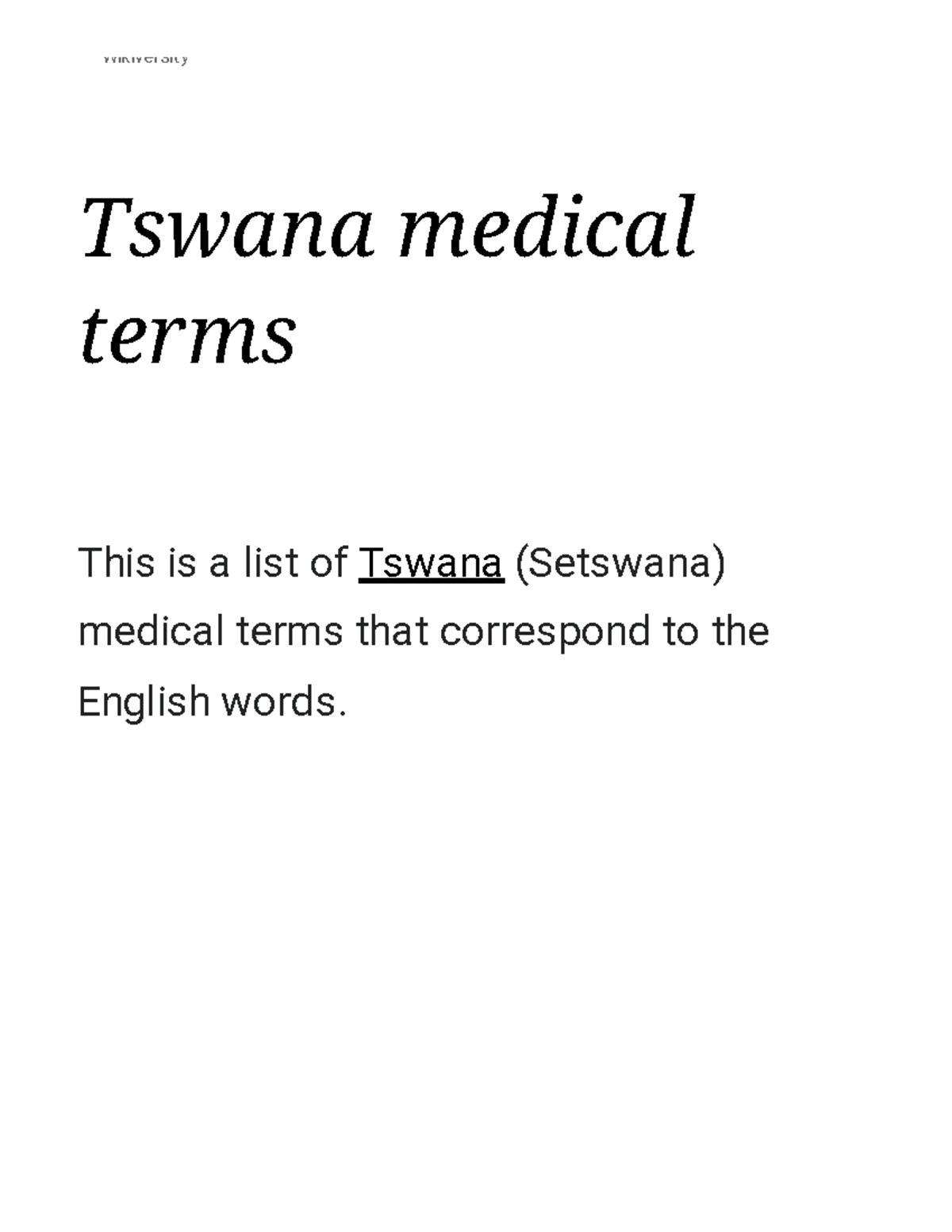 Tswana medical terms Wikiversity Wikiversit y Tswana medical terms