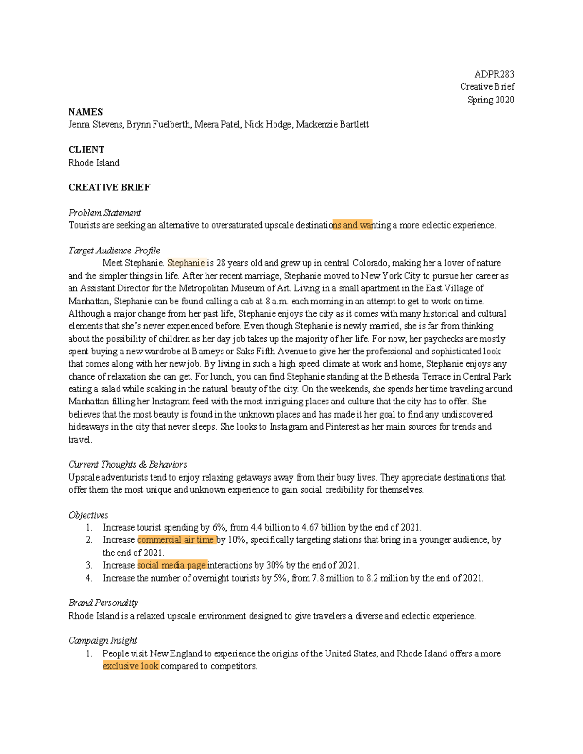 Creative Brief - Work - ADPR Creative Brief Spring 2020 NAMES Jenna ...
