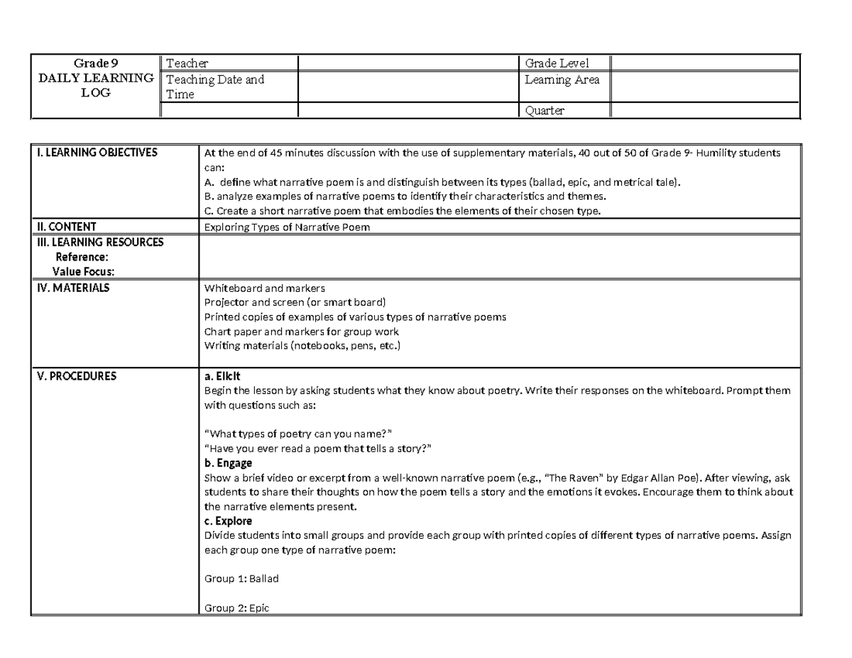 7Es-Lesson-Plan - none - Grade 9 DAILY LEARNING LOG Teacher Grade Level ...