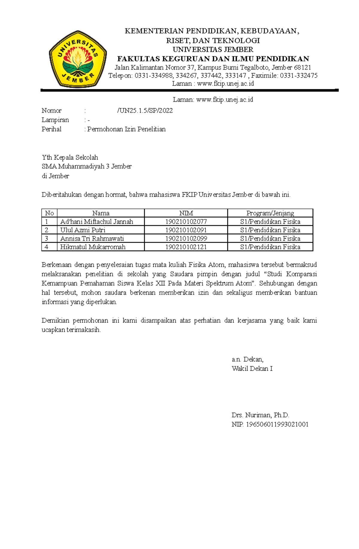 Contoh Surat Izin SMA Muhammadiyah 3 Jember - Nomor : /UN25.1/SP ...