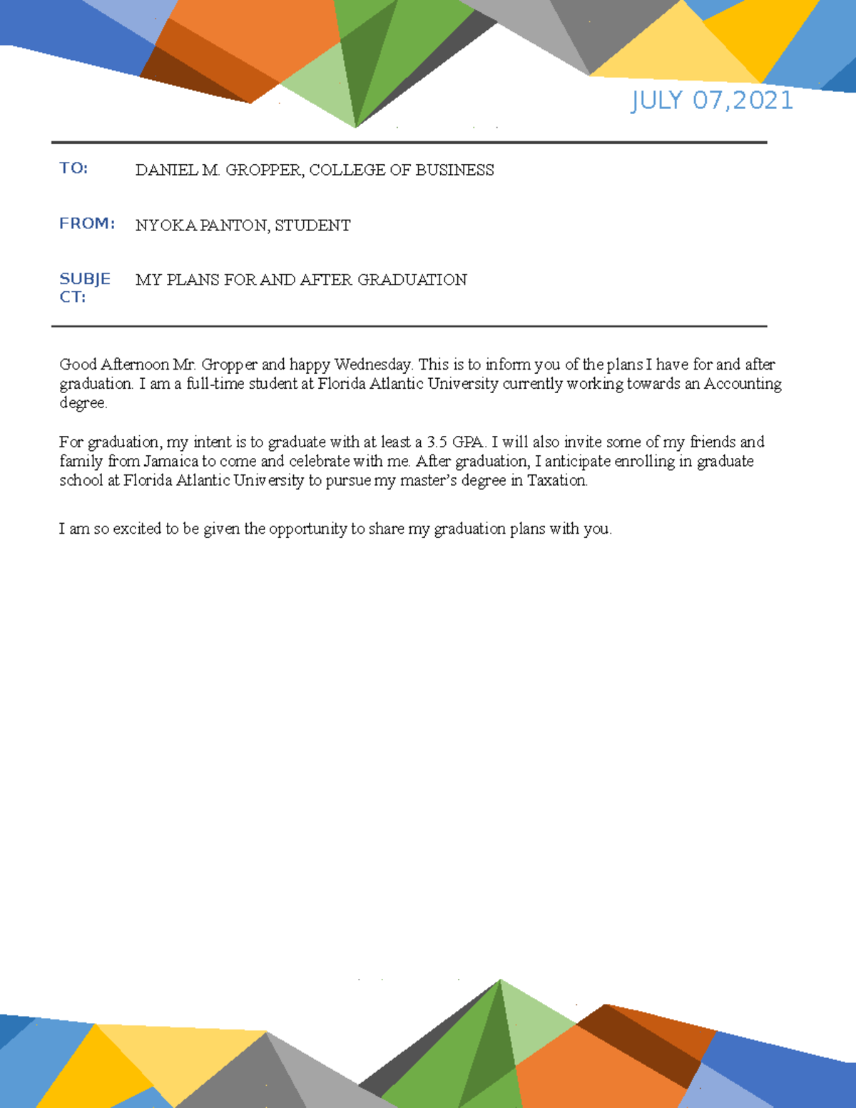 Panton Memo to Dean - Homework - JULY 07, TO: DANIEL M. GROPPER ...