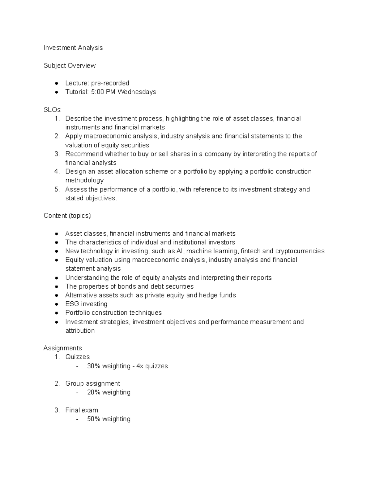 Investment Analysis - Week 1-12 Notes. - Investment Analysis Subject ...