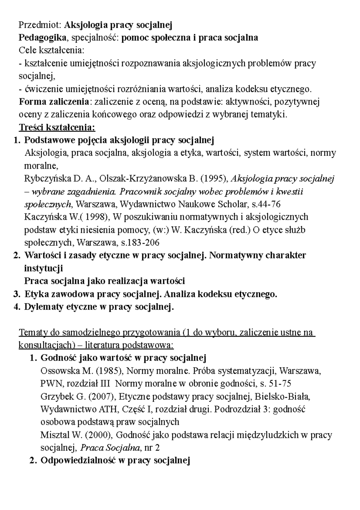 1. Aksjologia Pracy Socjalnej - Przedmiot: Aksjologia Pracy Socjalnej ...