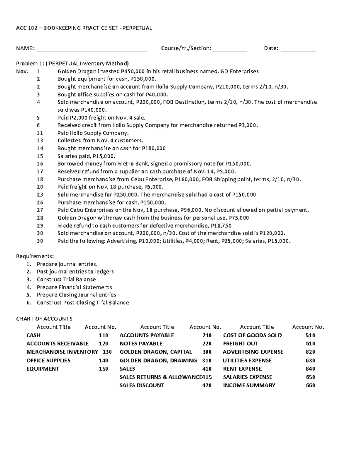 ACC 102 Bookkeeping Practice set Perpetual with Answer Sheet - ACC 102 ...