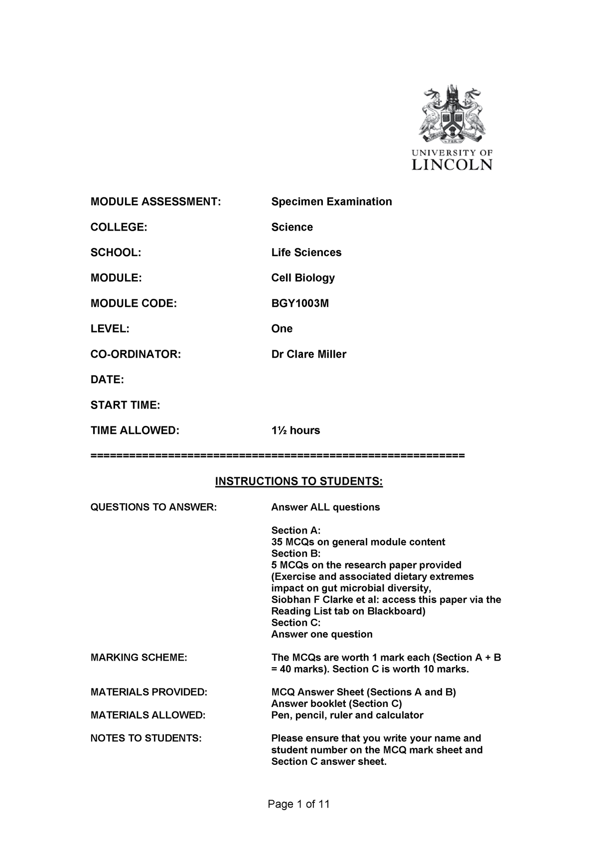 Cell Biology Exam Answers MODULE ASSESSMENT Specimen Examination 