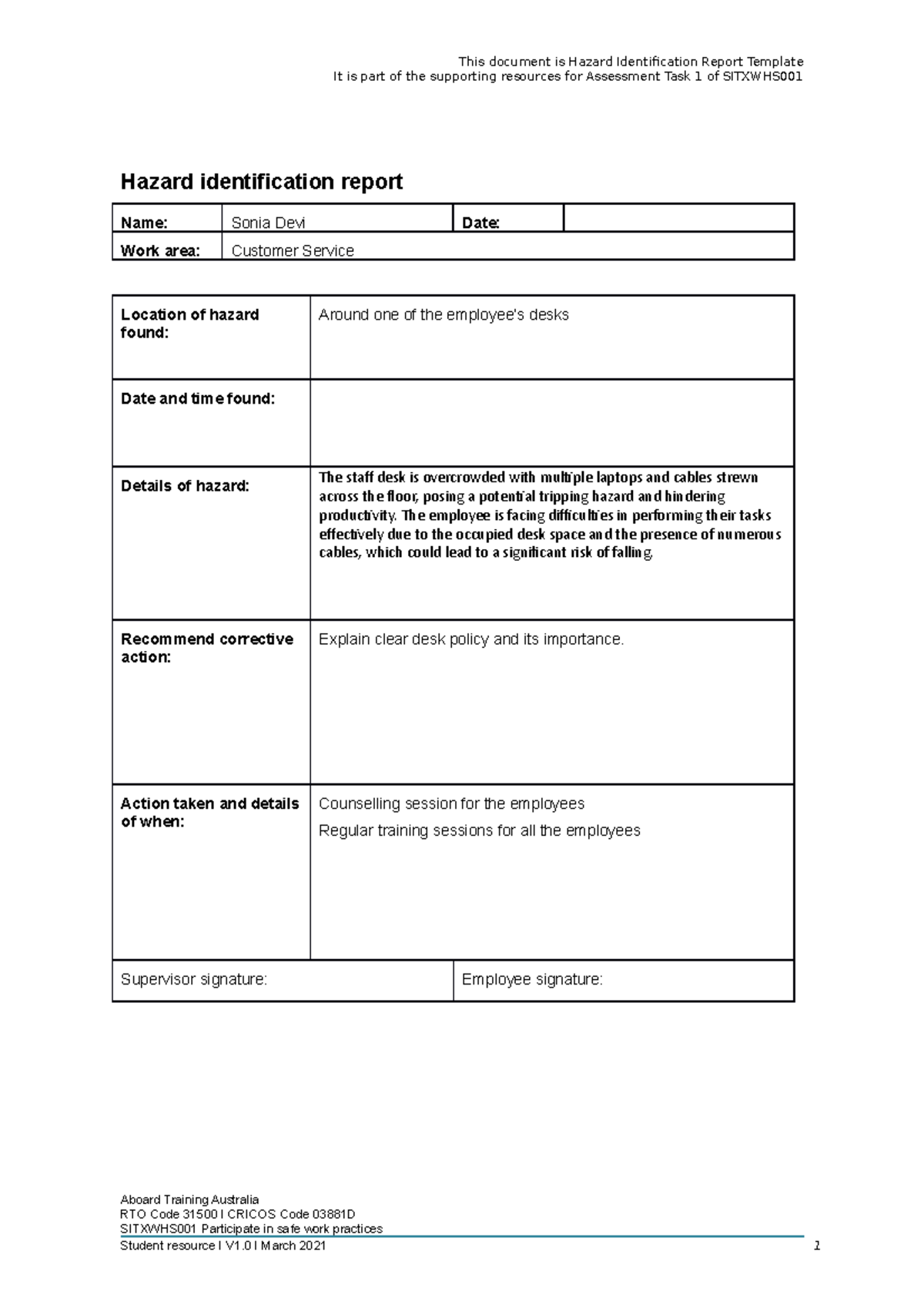 Hazard Identification Report Template - The employee is facing ...