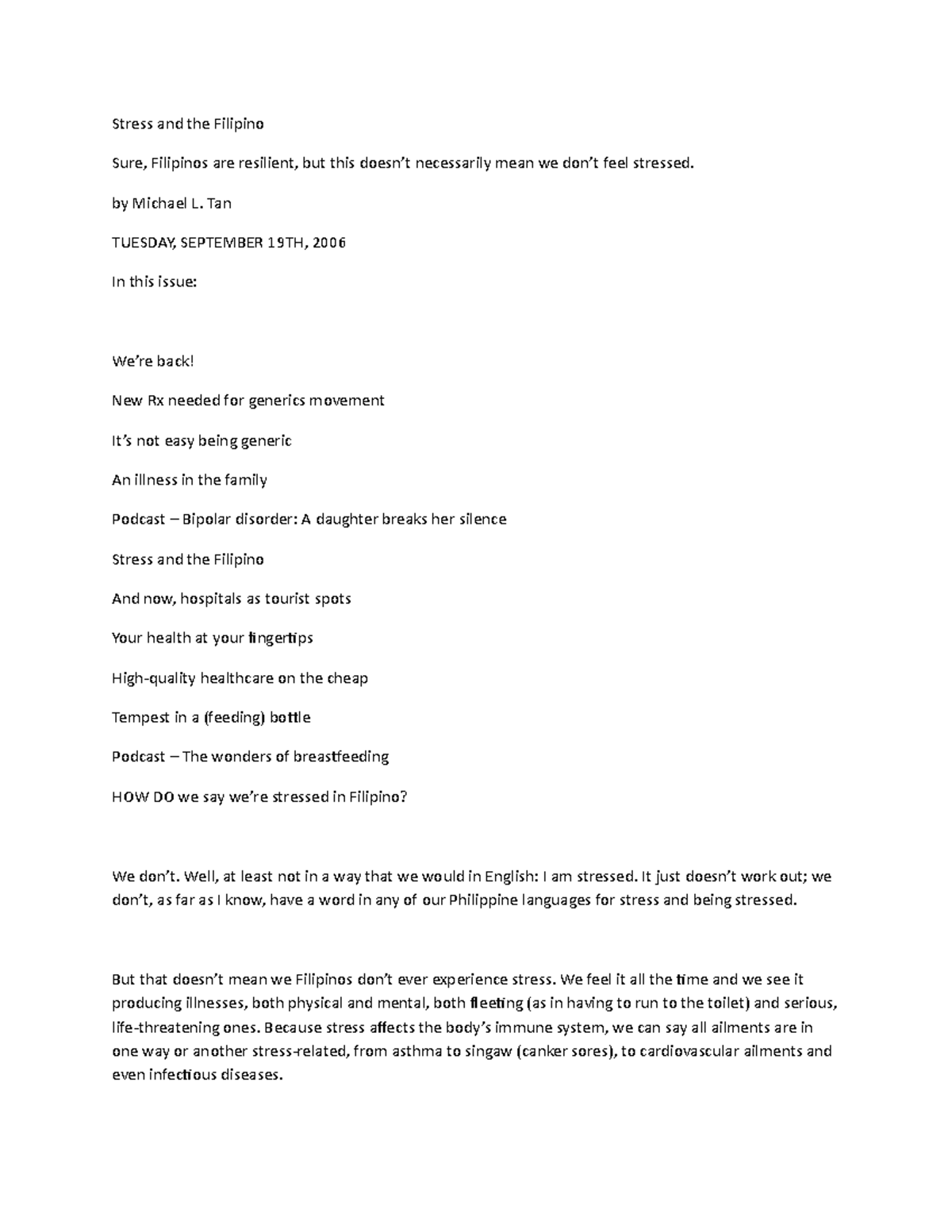 Stress and the Filipino - Stress and the Filipino Sure, Filipinos are ...