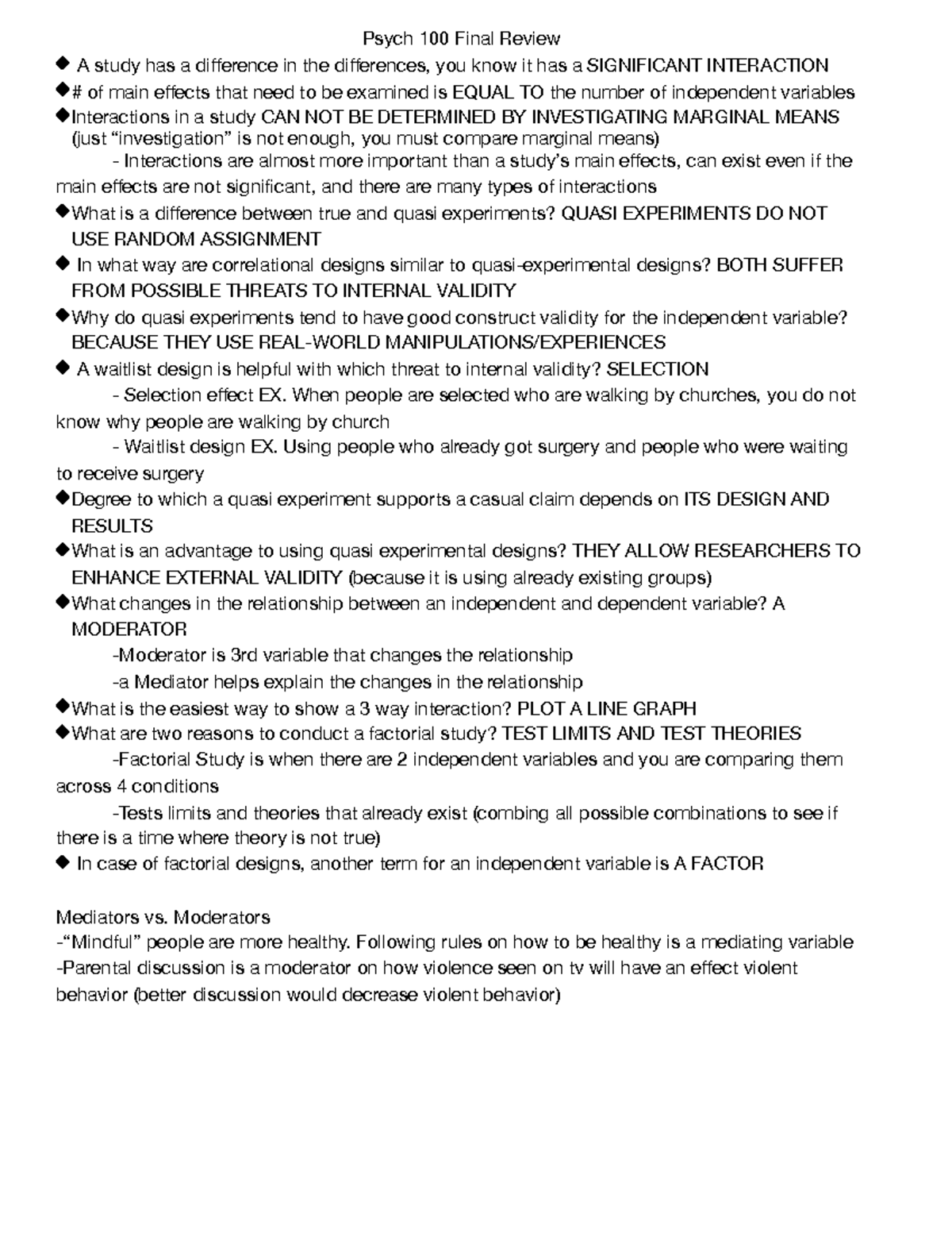 Psych 100 Final Review - Summary Research Methods - Psych 100 Final ...
