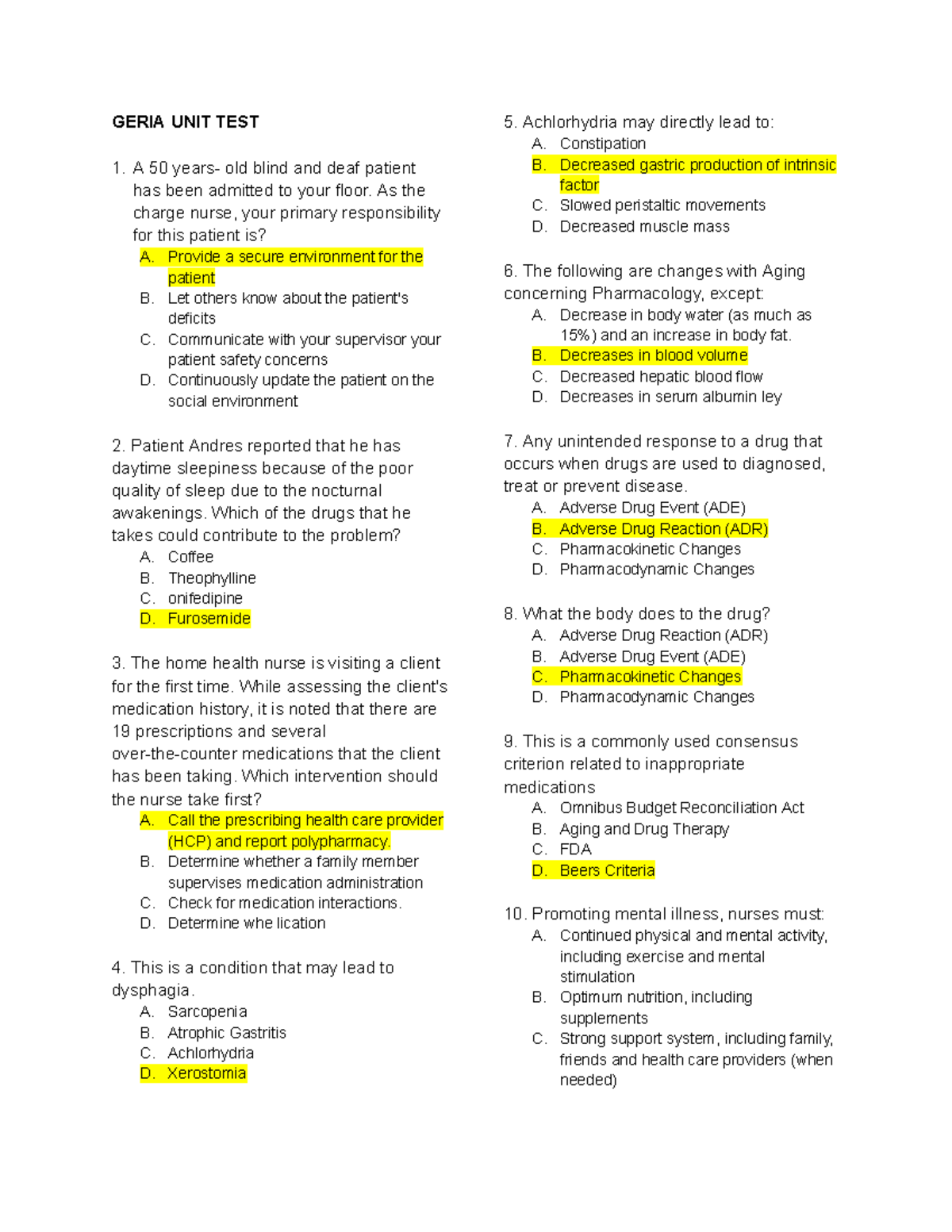 Geria-UNIT-TEST - Lec - GERIA UNIT TEST 1. A 50 years- old blind and ...