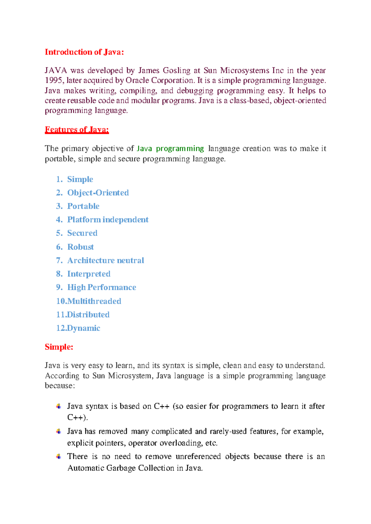 Java Features - programming - Introduction of Java: JAVA was developed ...