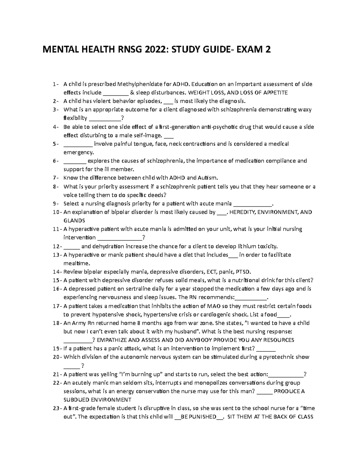 Study Guide Exam 2 MH RNSG 2022REVtr - MENTAL HEALTH RNSG 2022: STUDY ...