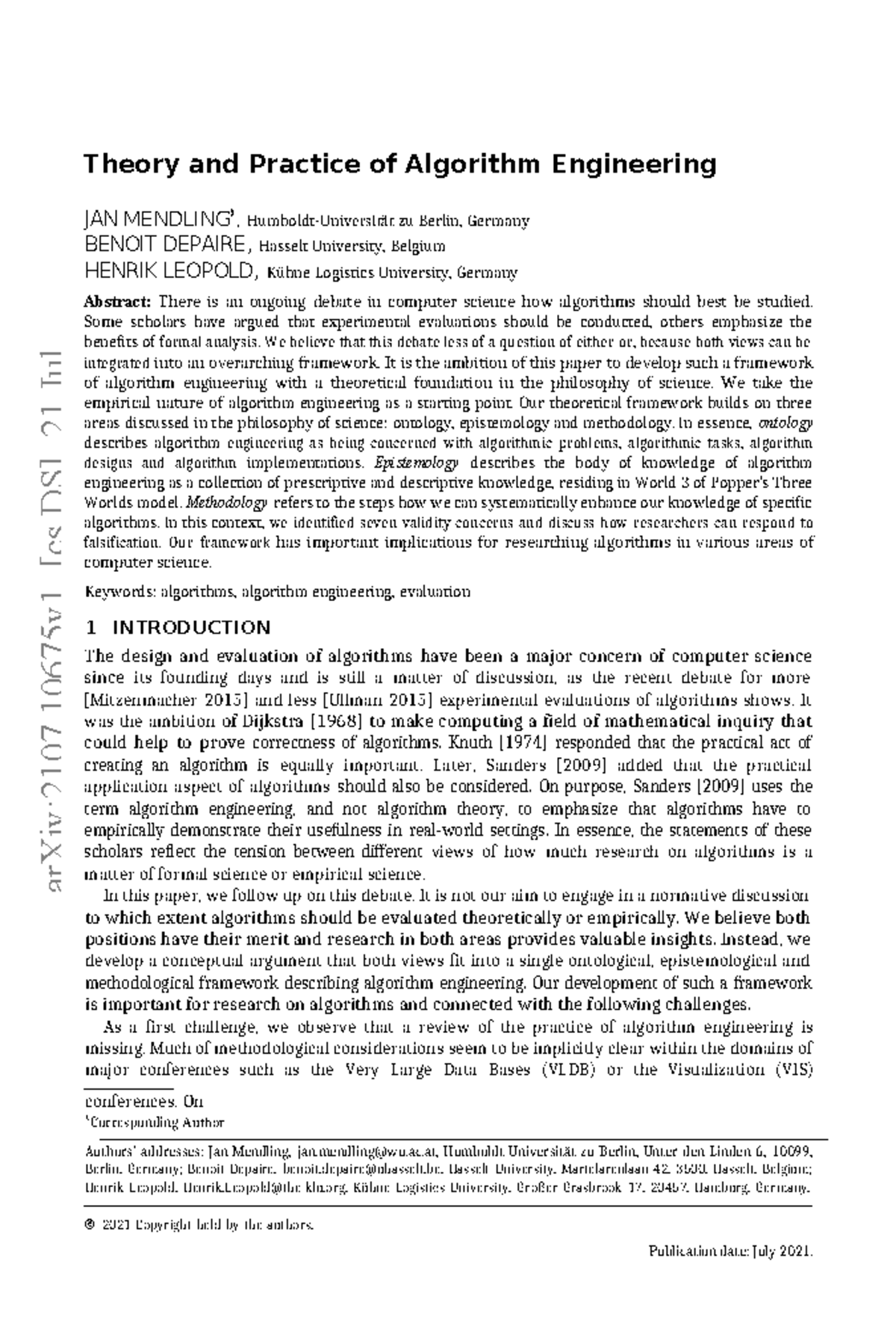 Algorythm Engineering - Publication date: July 2021. Theory and ...