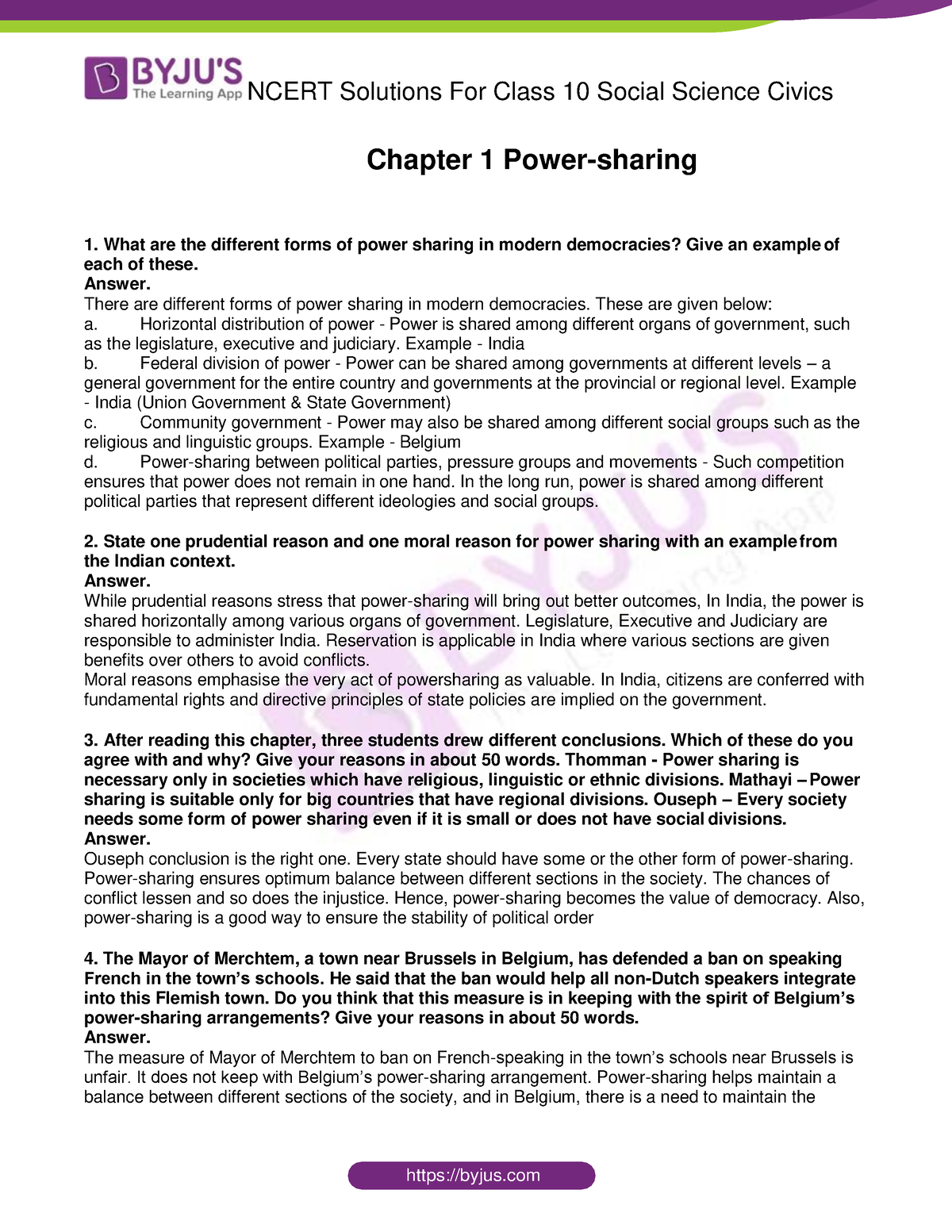 Ncert Solutions Class 10 Social Science Civics Chapter 1 Power Sharing ...