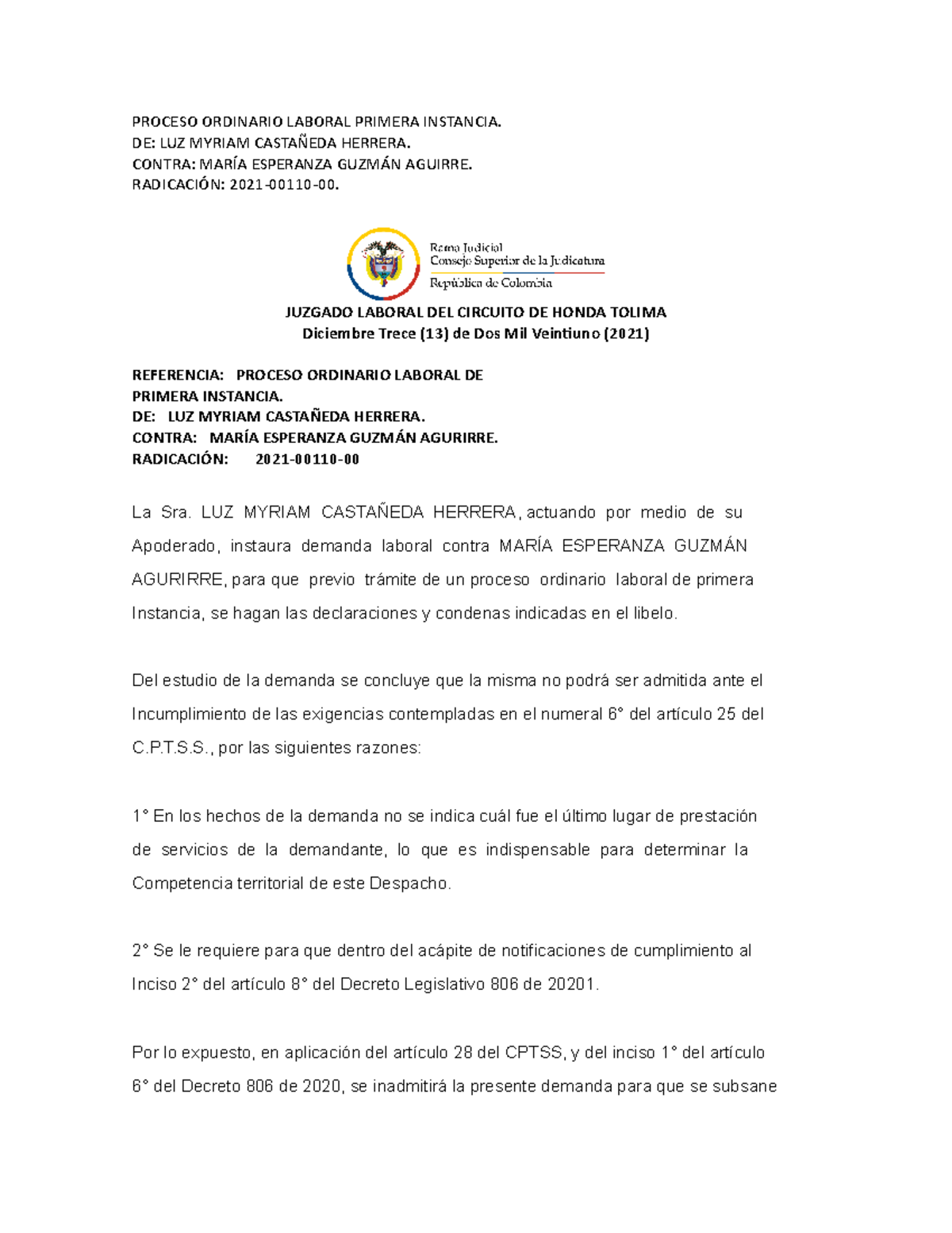 Proceso Ordinario Laboral Primera Instancia Auto Inadmite Demanda