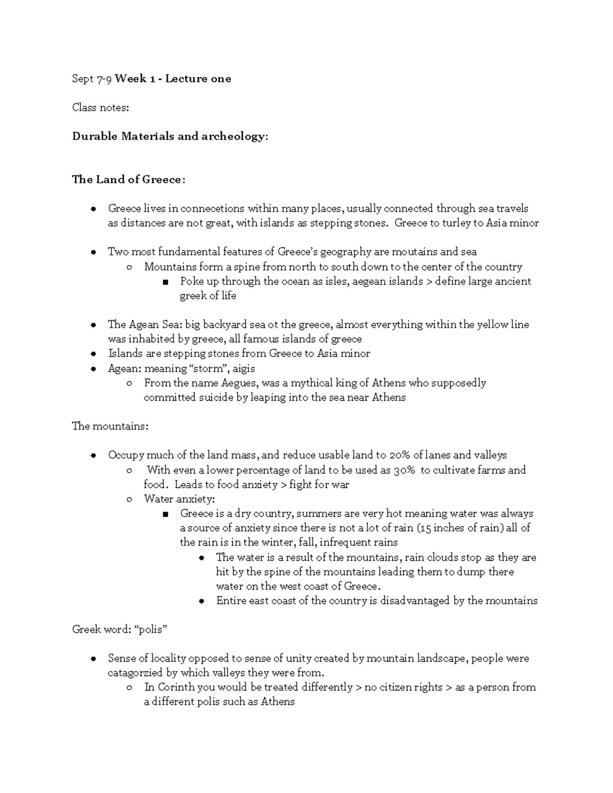 Ancient Greek CIv - atw - Sept 7-9 Week 1 - Lecture one Class notes ...