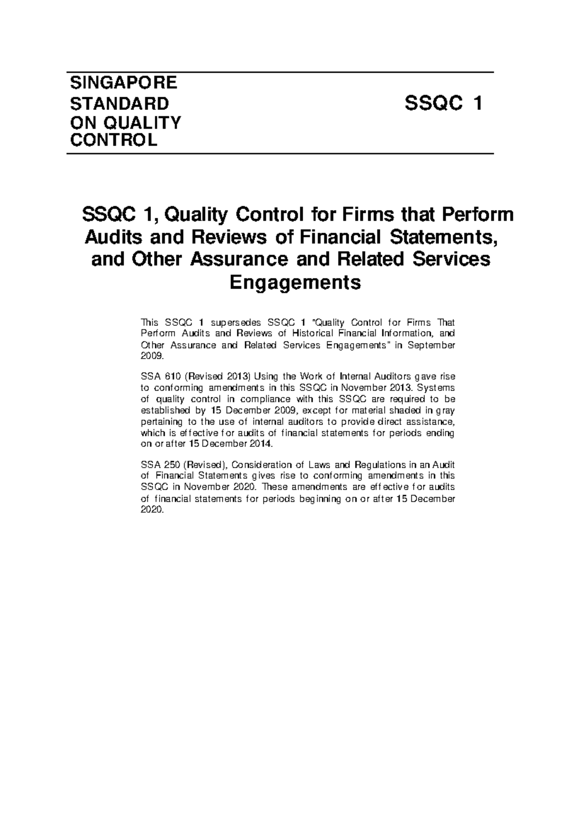 Ssqc 1 nov 2020 - Notes - SINGAPORE STANDARD SSQC 1 ON QUALITY CONTROL ...