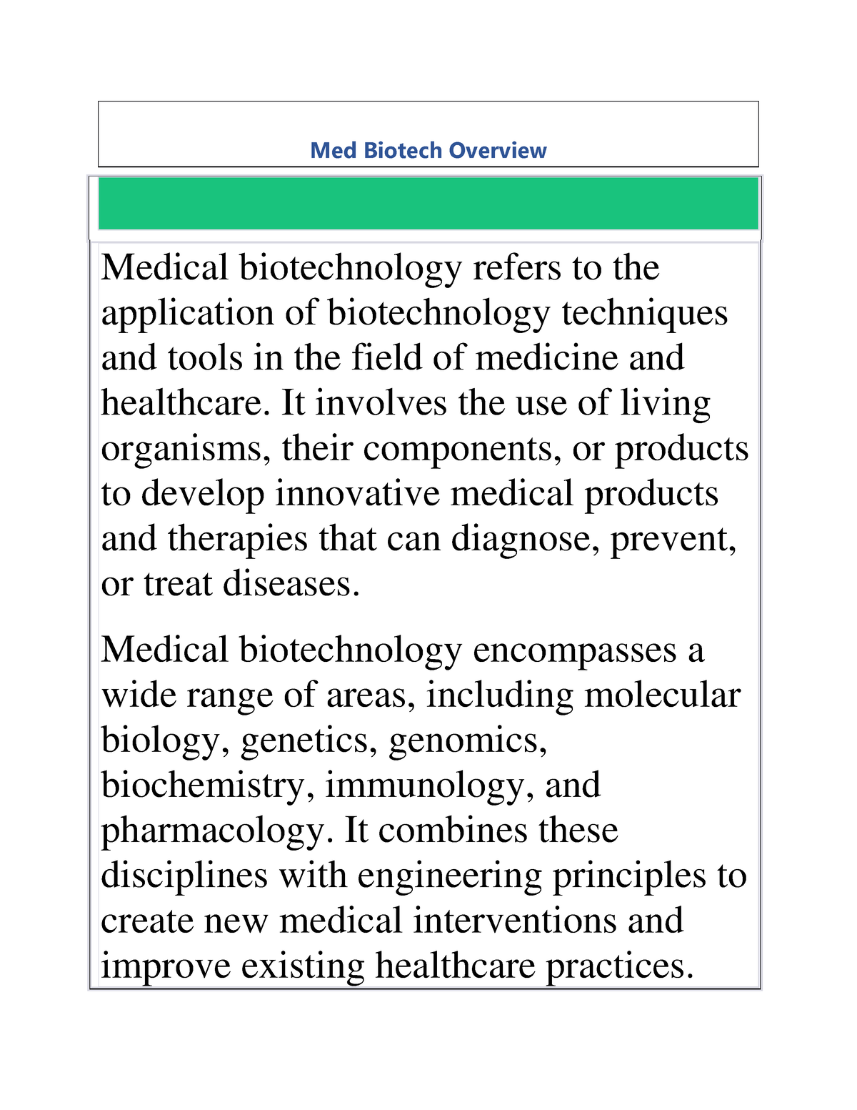 Medical Biotechnology 1-7 - Med Biotech Overview Medical Biotechnology ...