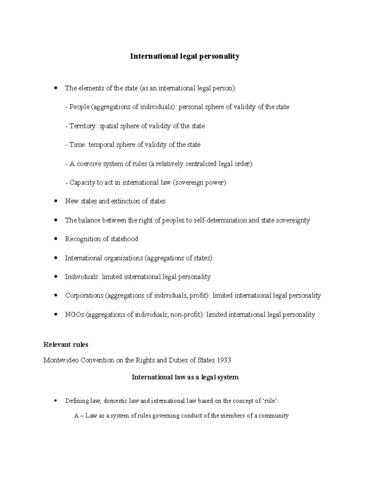 Topi 1 bp - notes - International legal personality The elements of the ...