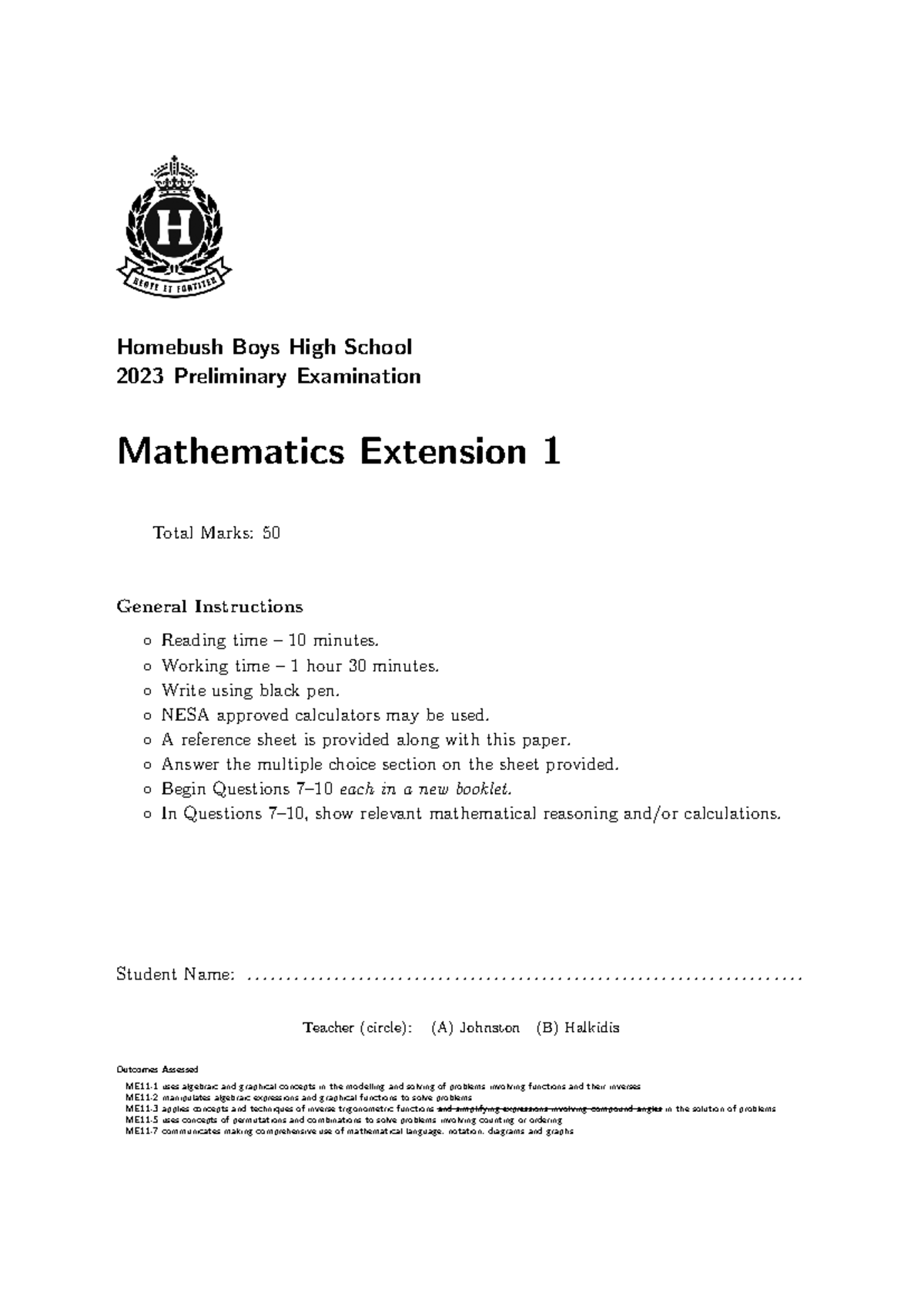 2023-Yr11-Maths Ex 1-Task3-Exam - Homebush Boys High School 2023 ...