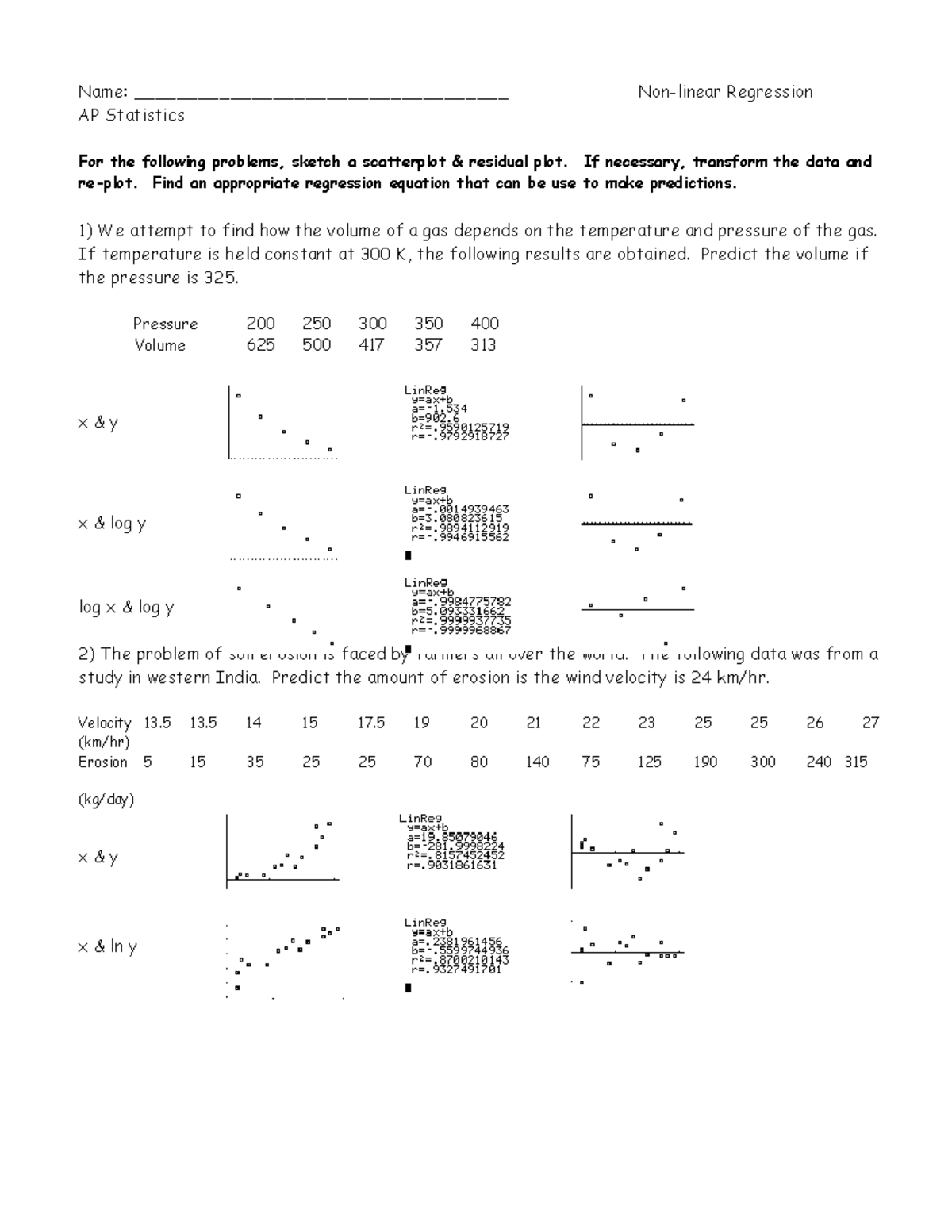 Nonlinear data ws answers - Name ...