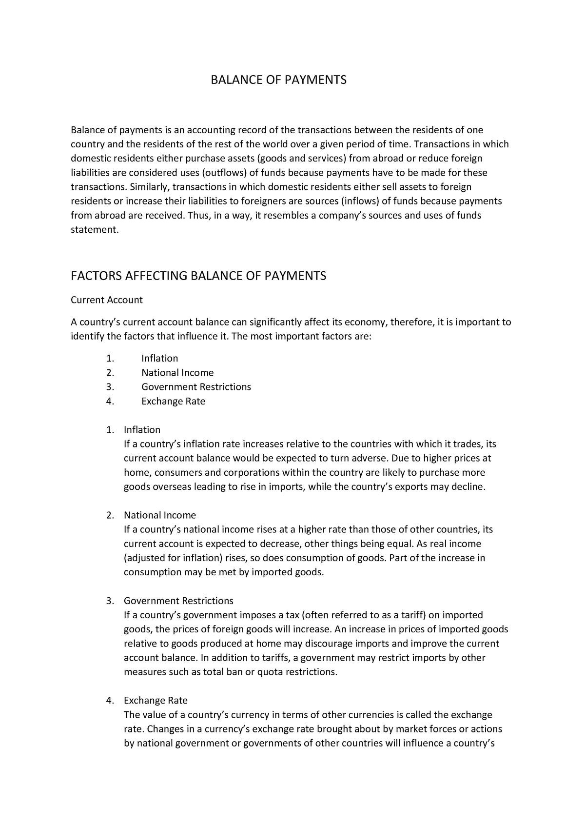 Balance of Payments and factors affecting Balance of Payments ...