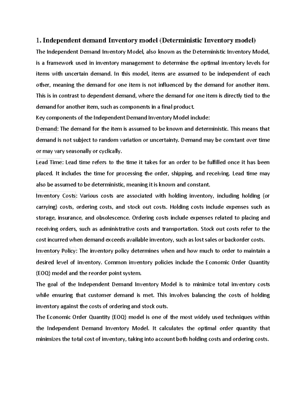 Quantitative Individual Assignment - 1. Independent demand Inventory ...