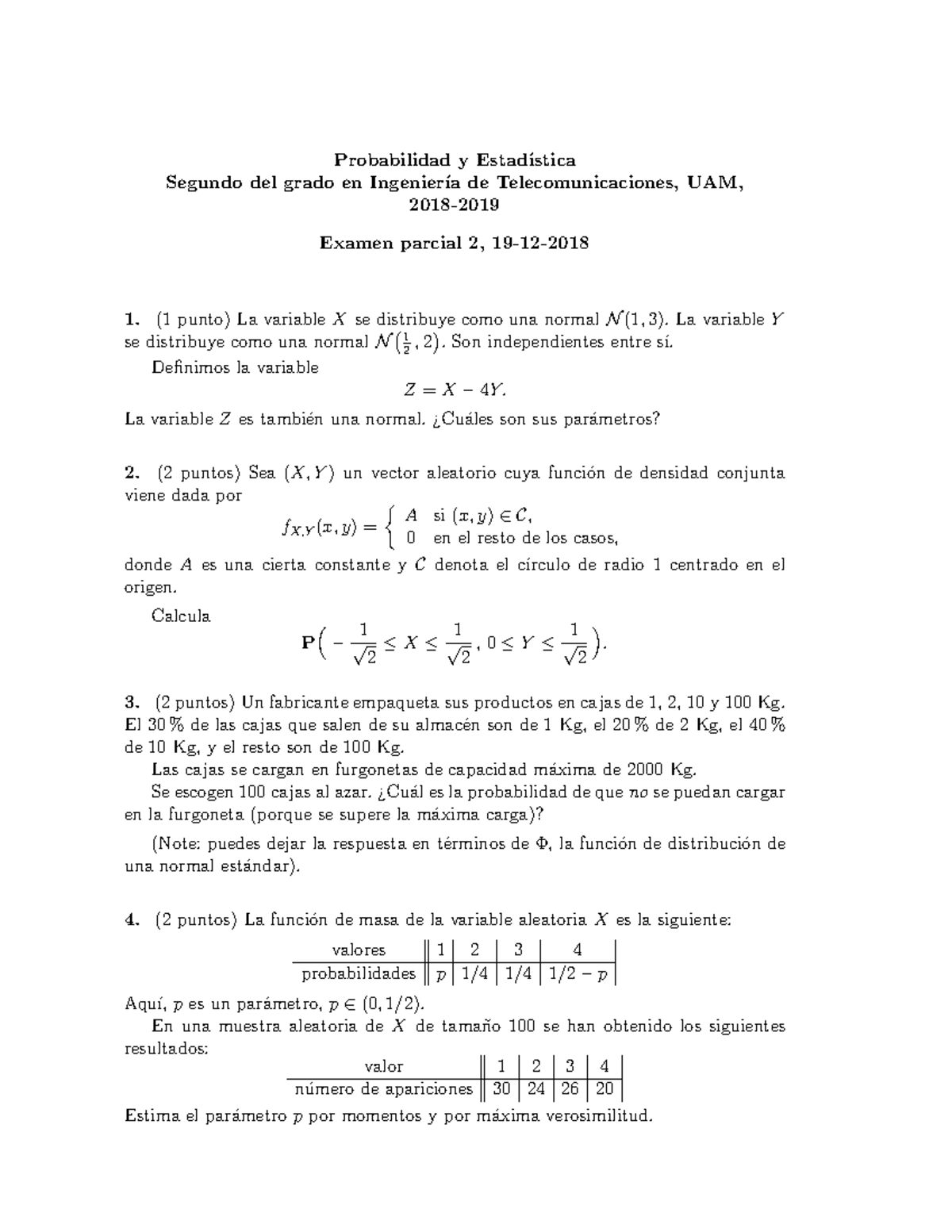 Examen 19 Enero 2018 Preguntas Probabilidad Y Estad stica Segundo 