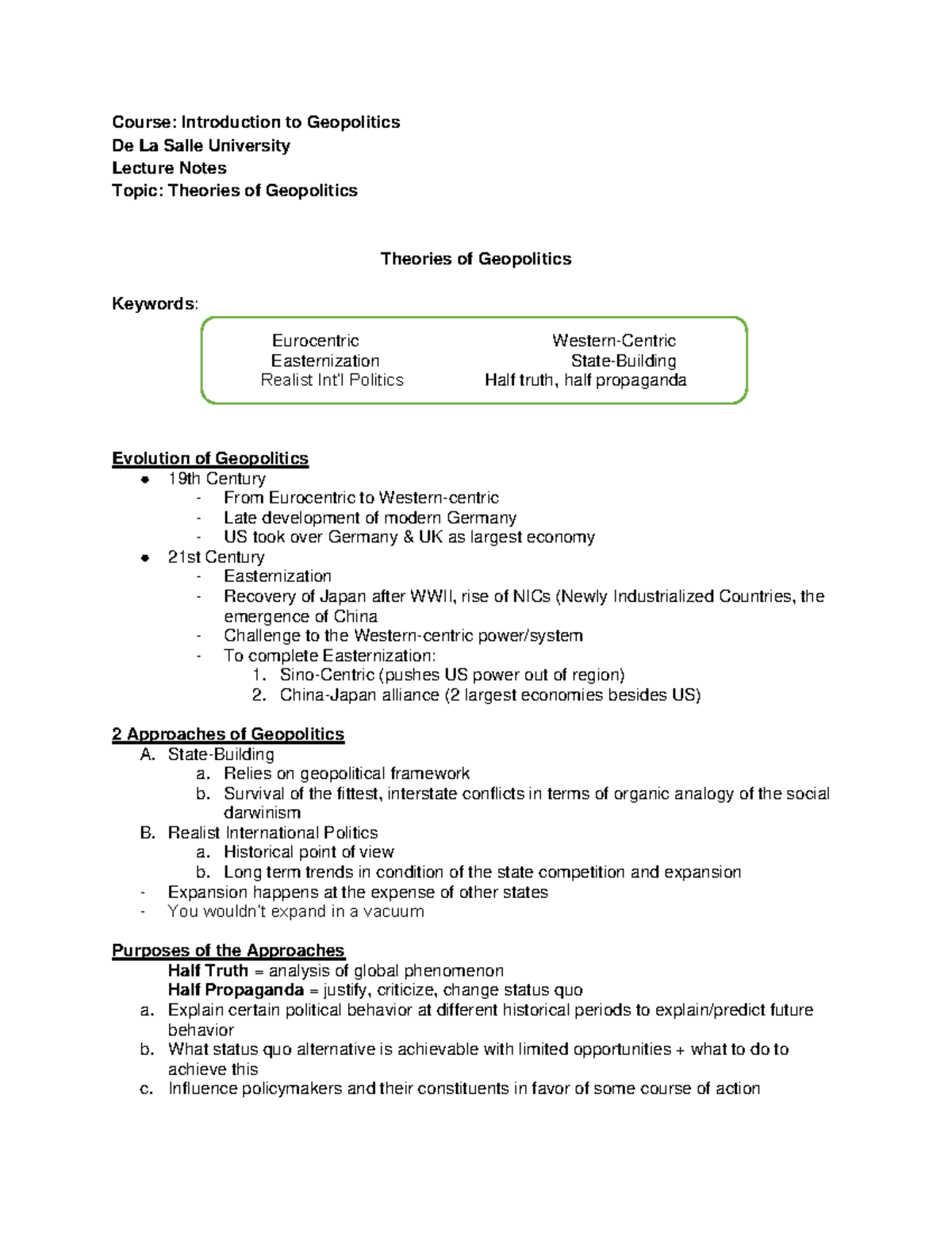 I Sgeopl 03 - Theories of Geopolitics - Course: Introduction to ...