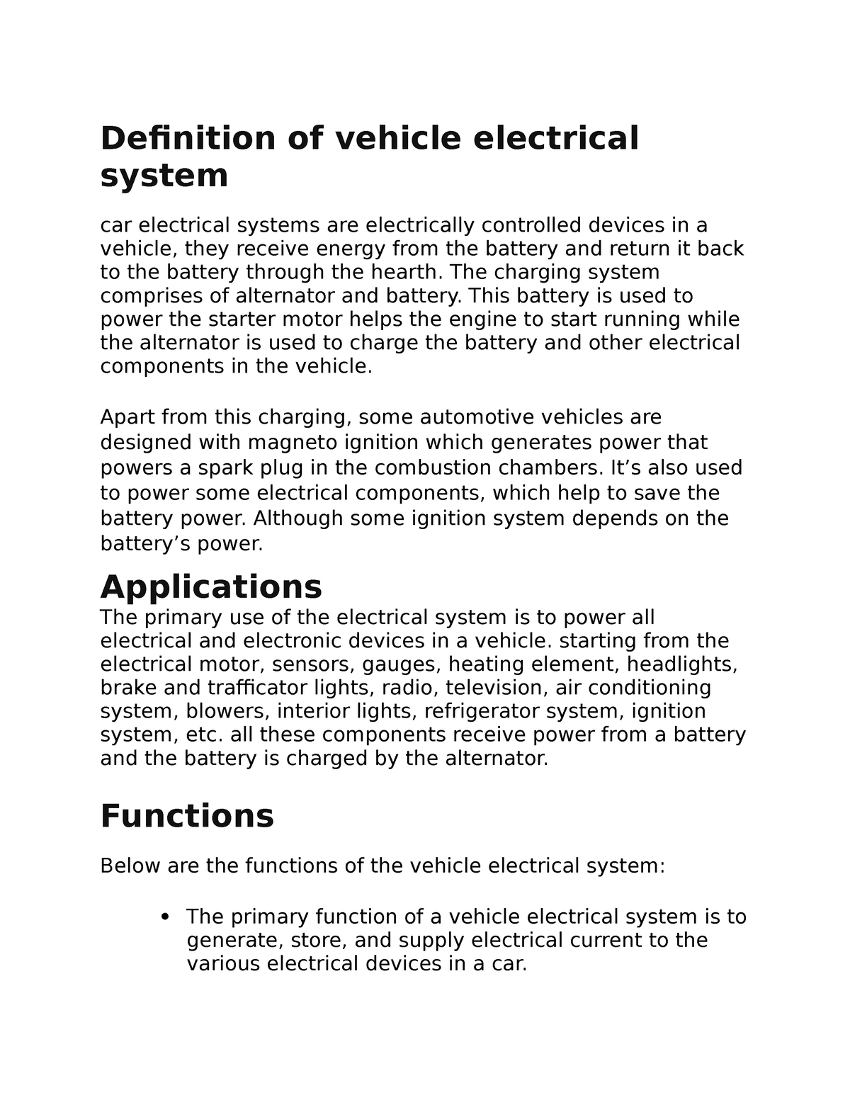 Electrical system Ravi K notes Definition of vehicle electrical
