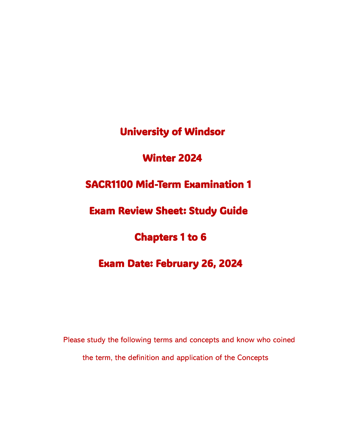 Midterm Study Guide Lecture notes University of Windsor Winter 2024