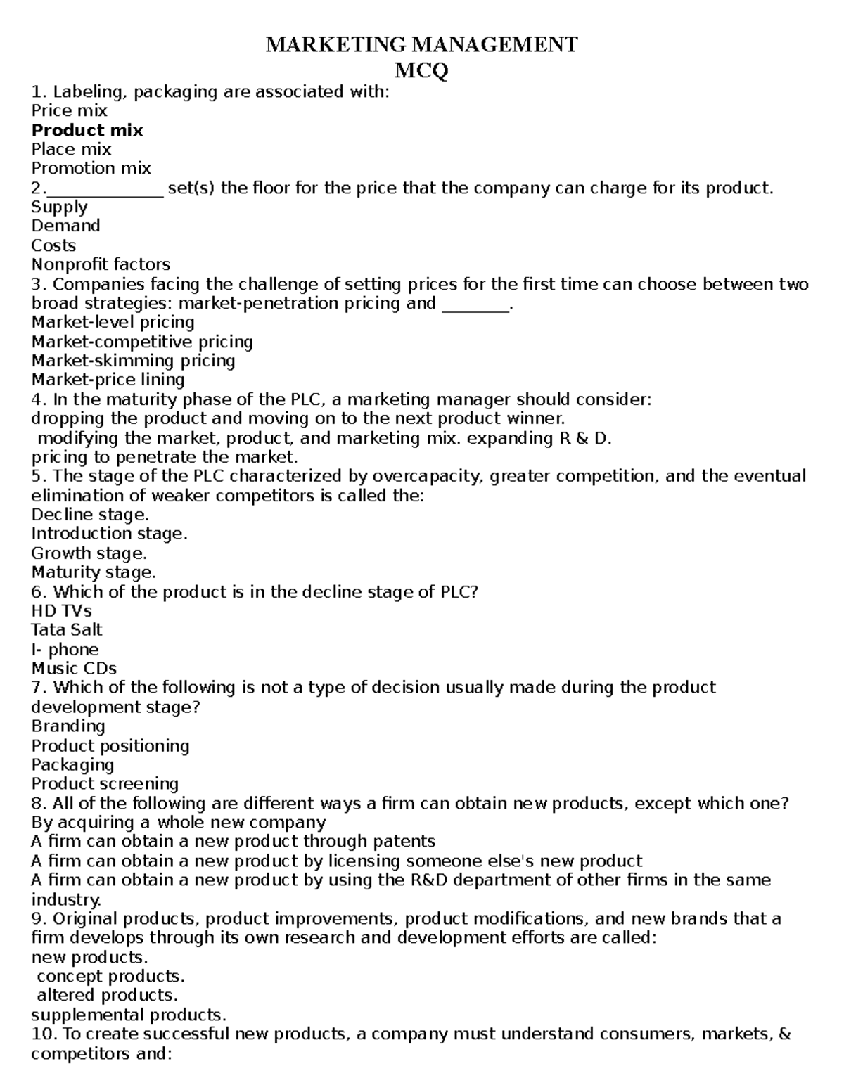 MCQ 160 QUES. FOR Students[ 802] - MARKETING MANAGEMENT MCQ Labeling ...