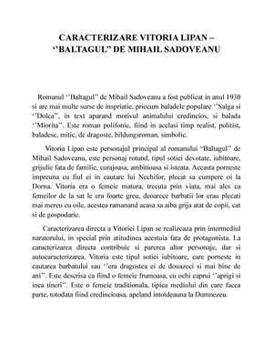 Mob Bread bitter Caracterizare Vitoria Lipan Baltagul DE - CARACTERIZARE VITORIA LIPAN – '' BALTAGUL'' DE MIHAIL - StuDocu