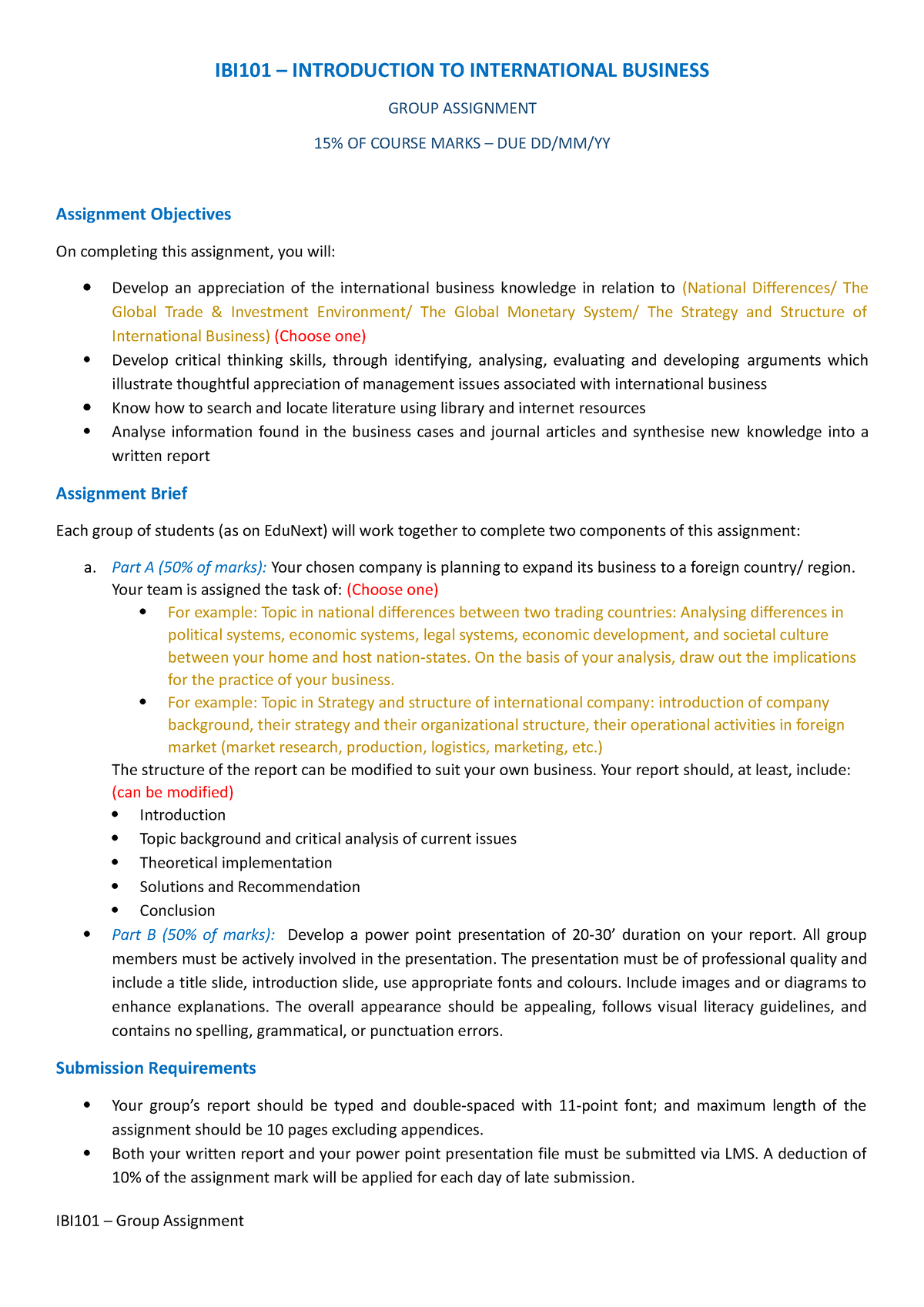 IBI101 Group Assignment Guidelines - IBI101 – INTRODUCTION TO ...