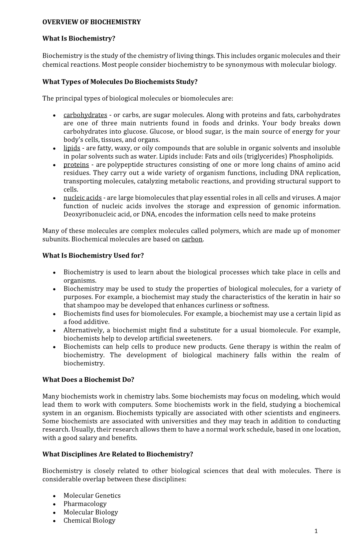Biochem-Lecture-1 - Helping Students - OVERVIEW OF BIOCHEMISTRY What Is ...
