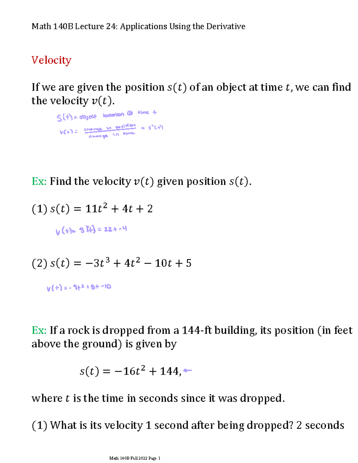 Math+140B+Lecture+24+Applications+Using+the+Derivative - Velocity If we ...