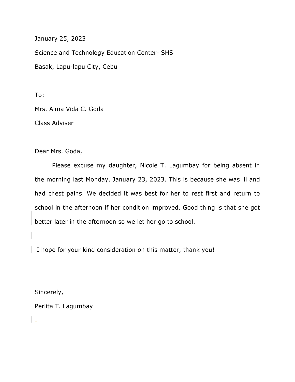 Excuse letter - ZZZZ - January 25, 2023 Science and Technology ...