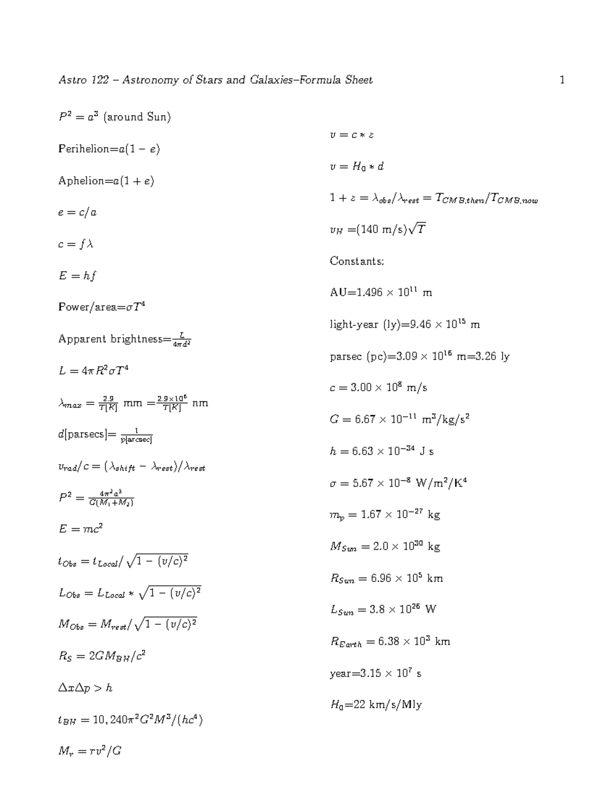 Formula Sheet final - Astro 122 – Astronomy of Stars and Galaxies ...