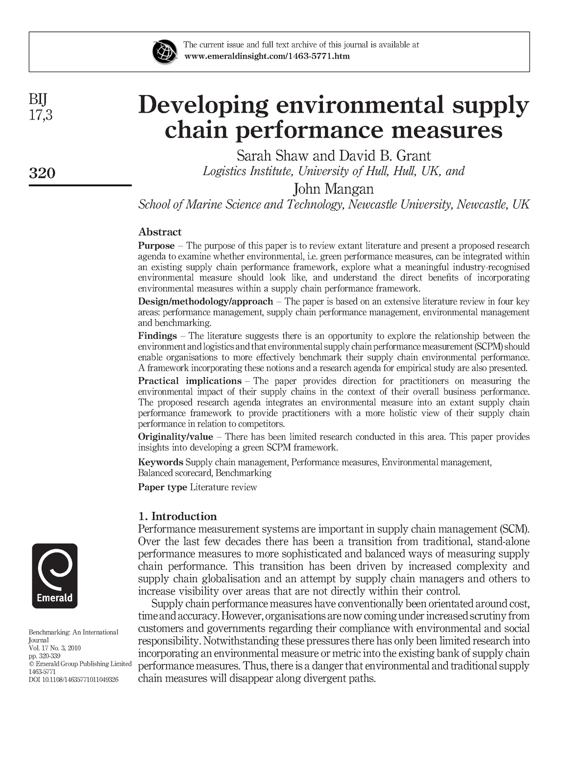 Benchmarking 2010 Environmental Performance Measures - The Current ...