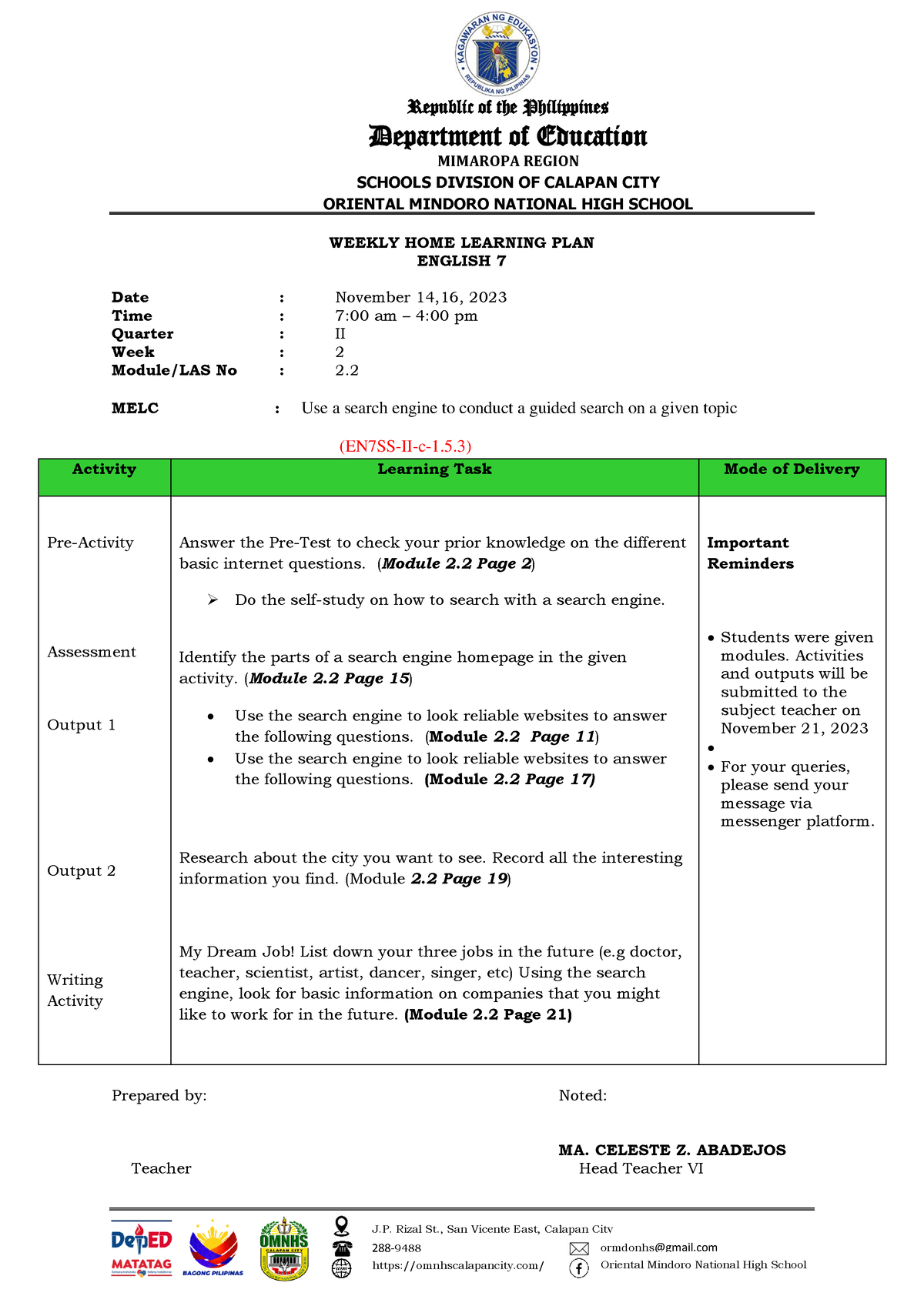 Weekly Home Learning Plan Republic Of The Philippines Department Of Education Mimaropa Region 4169