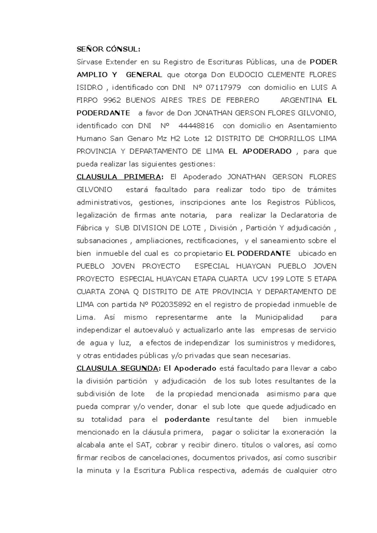 Poder Consular 2022 - SEÑOR CÓNSUL: Sírvase Extender en su Registro de ...